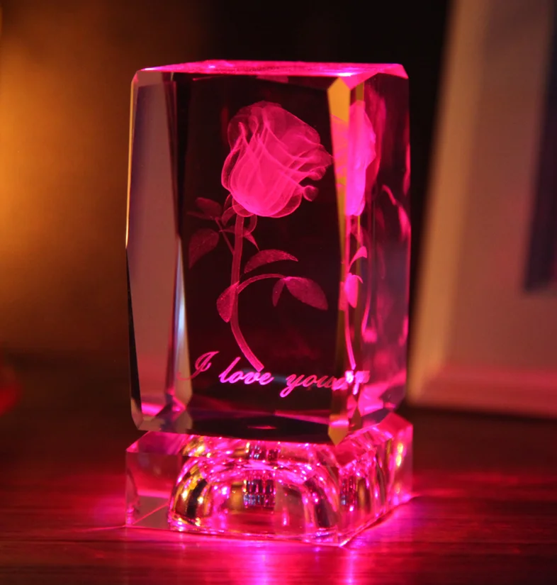 OEM / ODM 3D laser Crystal Rose cube & block with Led light base