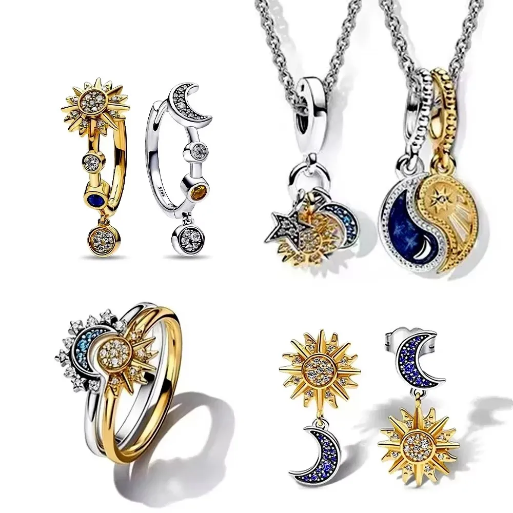 Женские серьги-кольца в виде Солнца и Луны из стерлингового серебра 925 двухцветная серия украшенных бусинами ипандоры