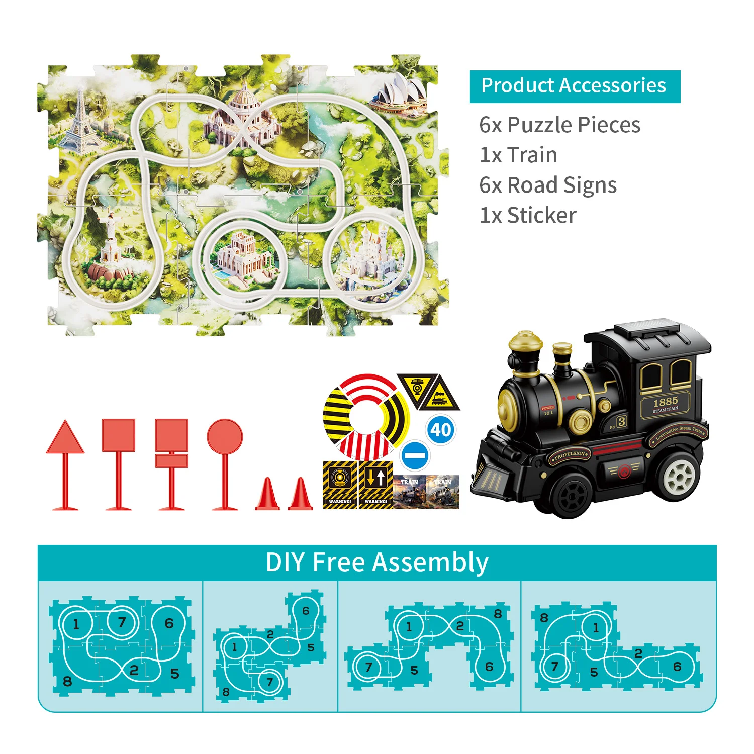 DIY 13 PCS Map Railcar Floor Puzzle Race Tracks Montessori Toys Puzzle Track Car Play Set Train Toy