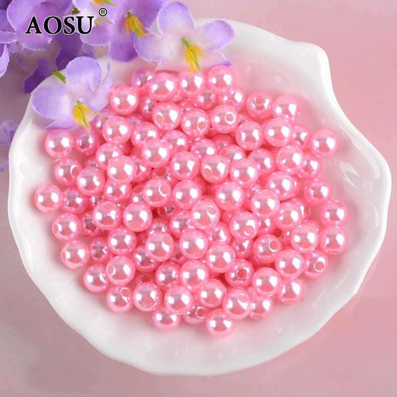 AOSU 3 4 5 6 8 10 12 14 16 18 20mm Pink Color Plastic Artificial Pearls With Hole ABS Round Pearls For Jewelry Making