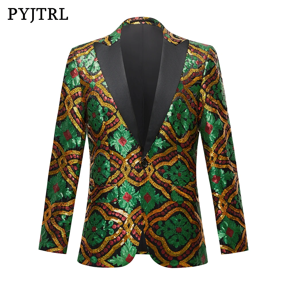 
PYJTRL Blazers For Men Suits Shiny Party Coats Singer Costumes Sequin Stage Jacket Men Green And Gold Lapel Collar Outwear 