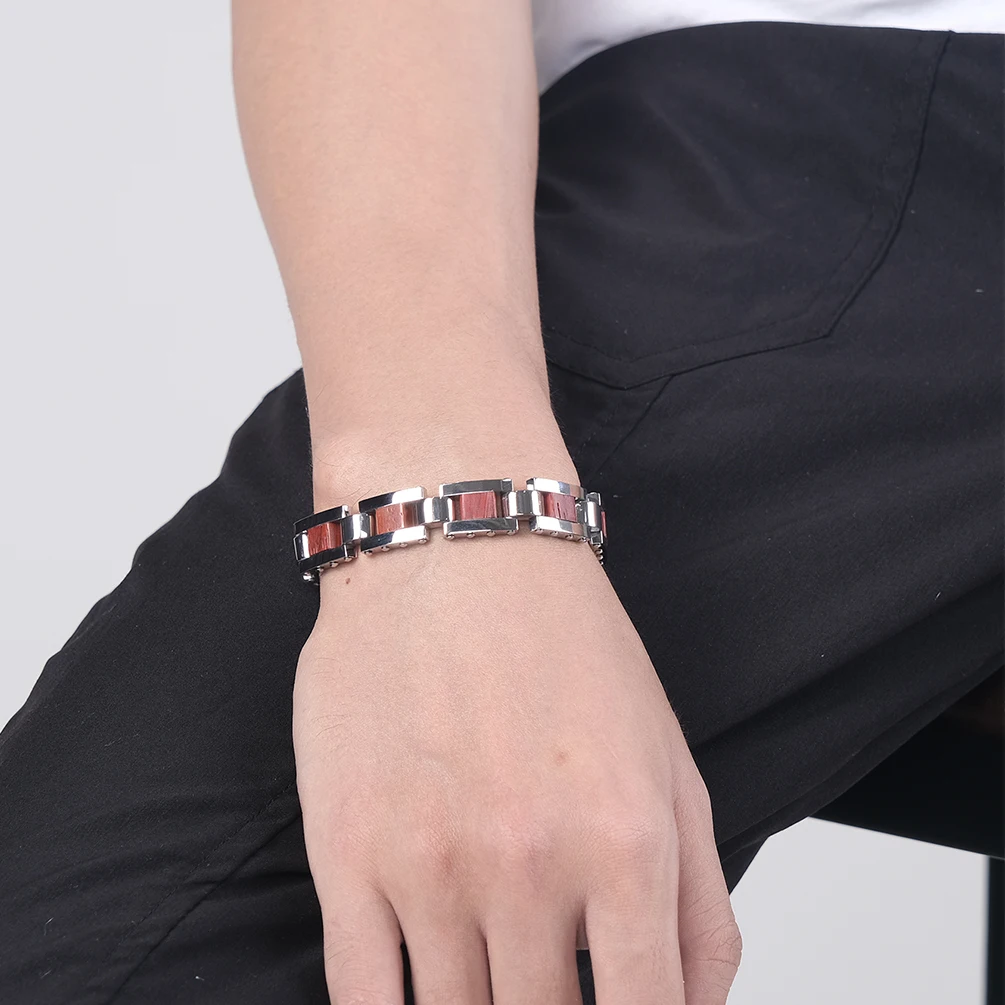 High Polished Men Stainless Steel With Wood Inlay Bracelets Custom Fine Bangles Bracelet Mens