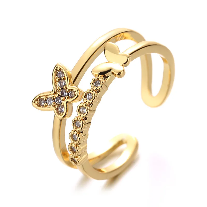 Fashion Double Layer Gold Plated Copper Crystal Butterfly Open Finger Smart Ring for Women Wholesale