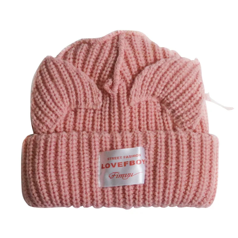 Hot Sale Plain Blue Thick Fuzzy Slouchy Distressed  Knit Hats Women Beanie Hats with Ears