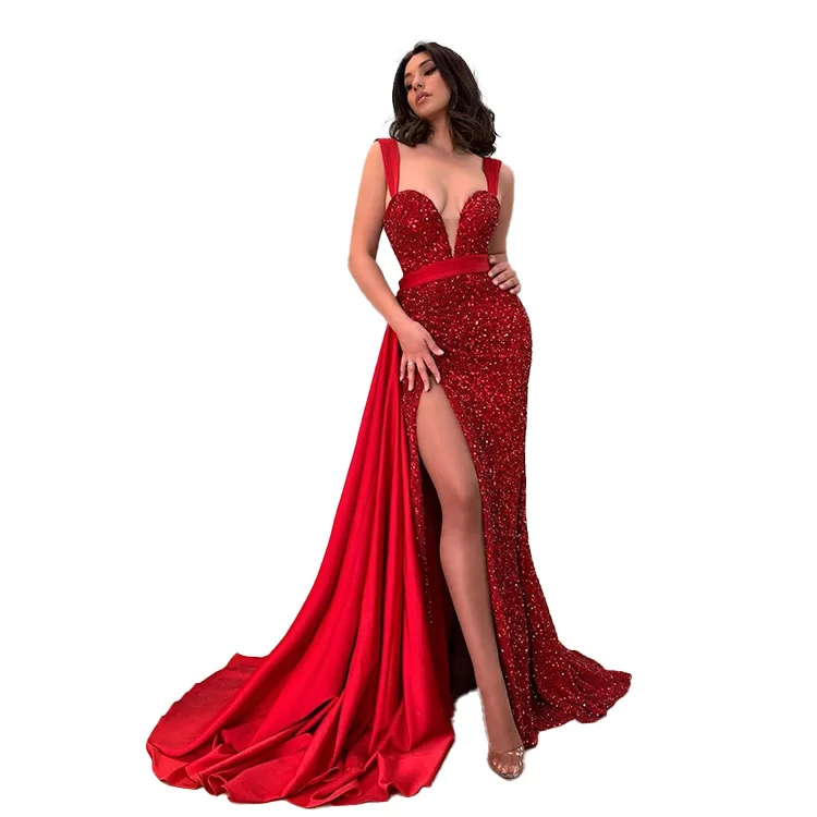 Split Red Sexy Long Temperament Trailing Sequin Evening Dress one shoulder bandage dress