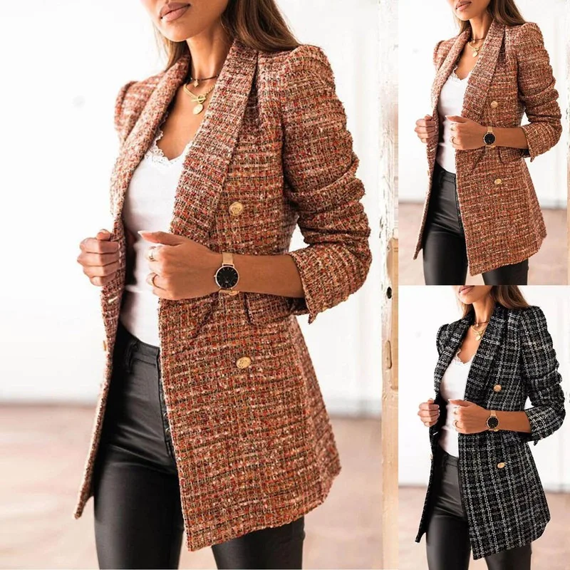 Wholesale Autumn Winter Ladies Houndstooth Slim Fitting plus size Double Breasted Buttons Elegant Business Suit Blazer For Women