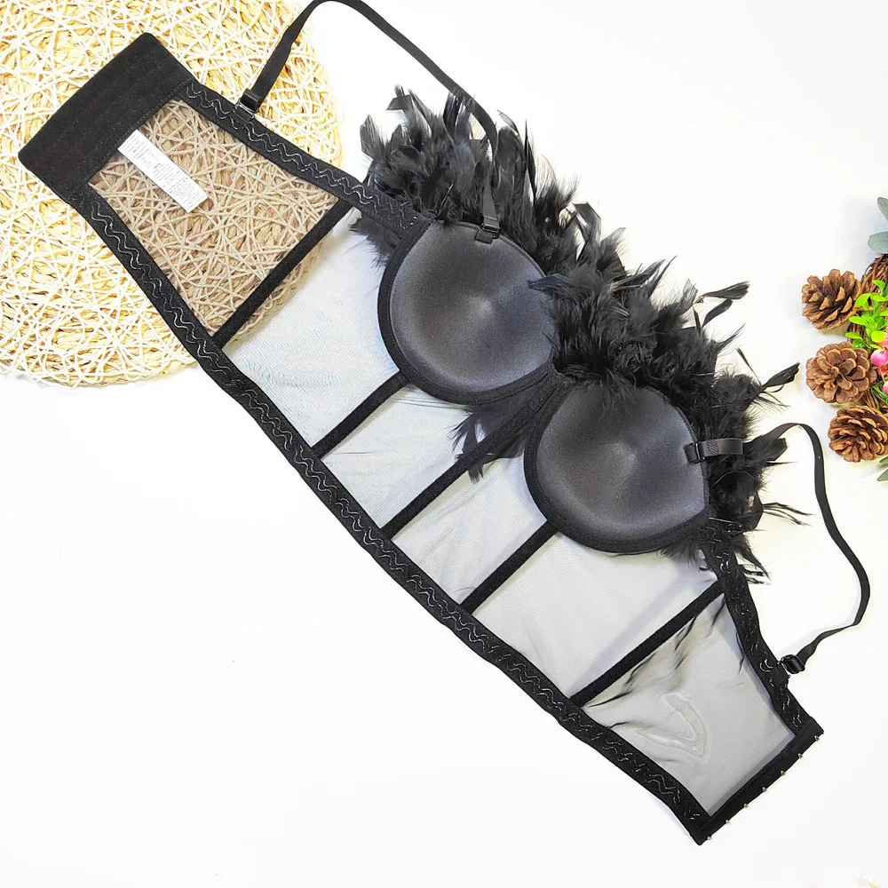 Ladies Sexy White Babydoll Bustier Crop Tube Top Bra For Nightclub Black Sheer Feather Corset