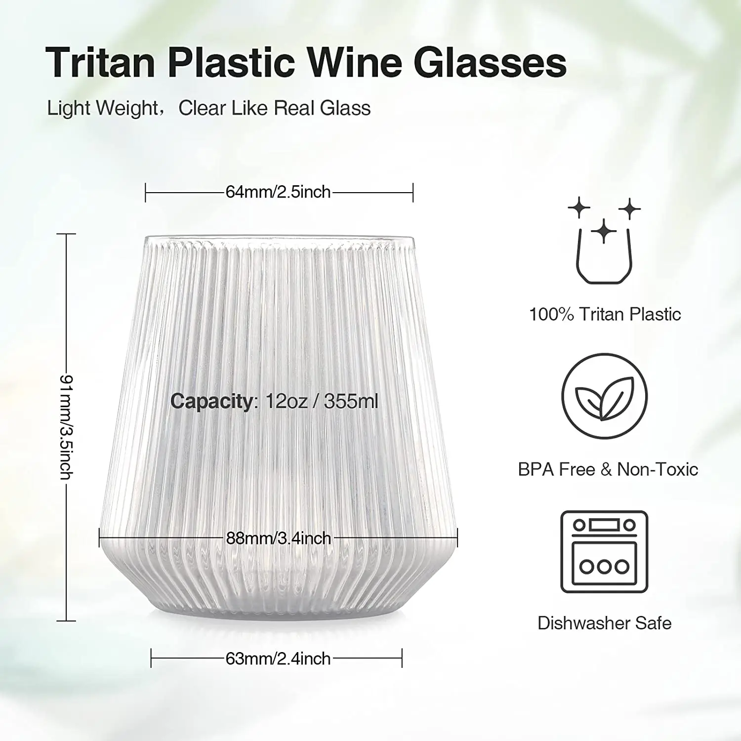 Recycleble 12oz Vertical Pattern Design Stripe Stemless Wine Glasses Plastic Unbreakable Ribbed Wine Glass