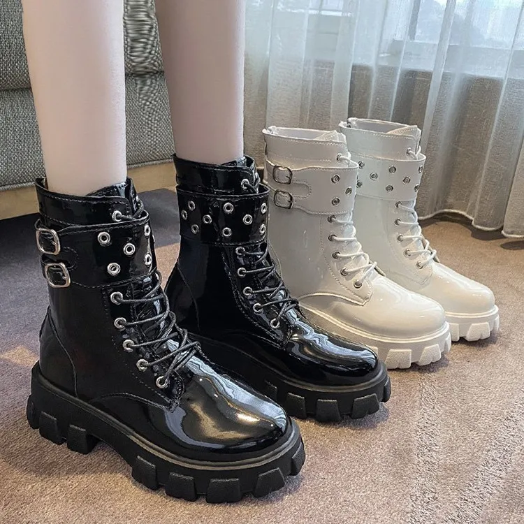 Martin Boots Alone Handsome Knight Boots 2022 Autumn European and American New Style Thick-soled Buckle Patent Leather Women PU
