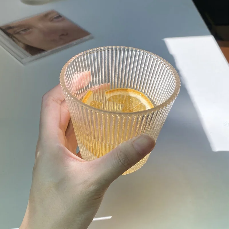 Vintage Thick Striped Glass Cup for Coffee Latte Tea Cold Drinks Whiskey Tree Patterned Juice Cup