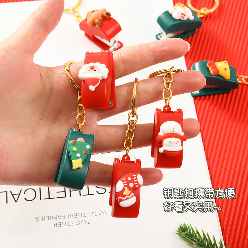 High Quality Christmas Cute cartoon mini Stapler Student Small Stapler With Key Chain Christmas Gift Binding Machine Wholesale