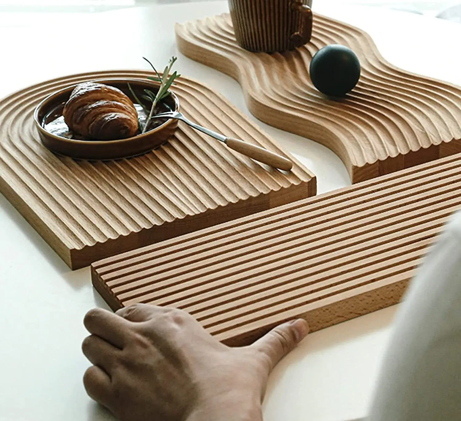 Wavy Arch Rectangular Geometric Water Ripple Board Bamboo Wood Afternoon Tea Coffee Snack Plate Home Decor Food Panel Tray