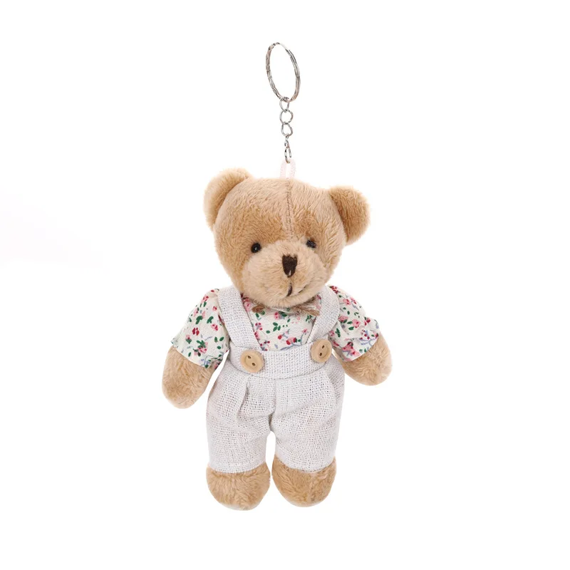 Cute Lovely Floral Cloth Flax Teddy Bear Dolls Toys Plush Keychain Couple Bear Keyring Lovers Friends Gift Bag Pendant Charm