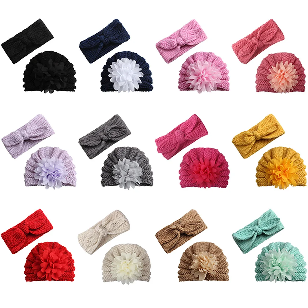 Cable Knit Bow Turban for Infant Knitted Baby Hat with Bunny Ear Headband Set Crochet Indian Head Cap