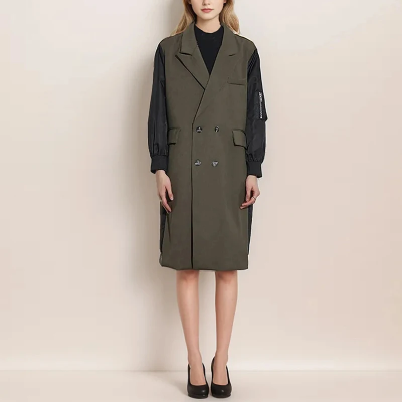 TWOTWINSTYLE Vintage Trench Coat Patchwork Hit Color Notched Collar Double Breasted Jacket For Women