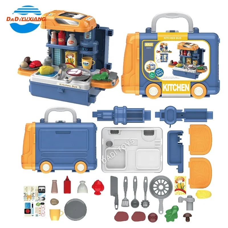 DADI OEM&ODM 3 IN 1 BUS Suitcase Happy Kitchen Toys Cooking Game Kitchen Toys For Kids Pretend Play