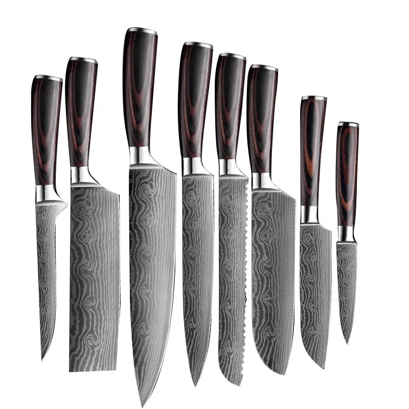 Amazon Best Product 8 Pieces Handmade Forged Damascus Steel Knife 8 Inch Damascus Steel Laser Pattern Kitchen Chef Knife Set