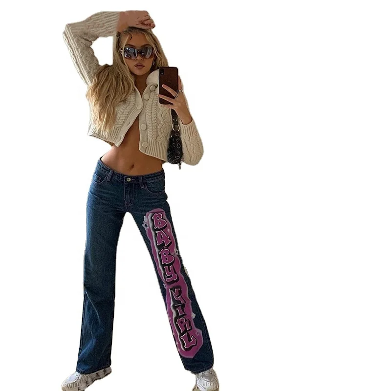 
Wholesale spring 2021 new fashion mom jeans printed loose straight low waist jeans 