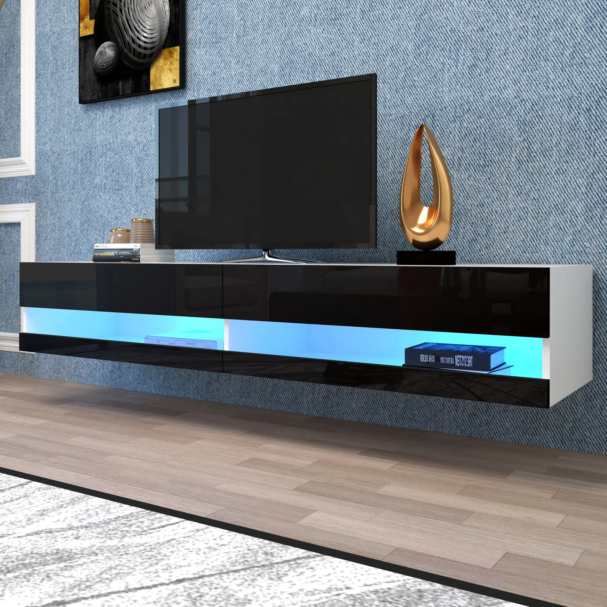 Modern living room furniture independent wall mounted floating wooden TV stand cabinet with LED light TV cabinet