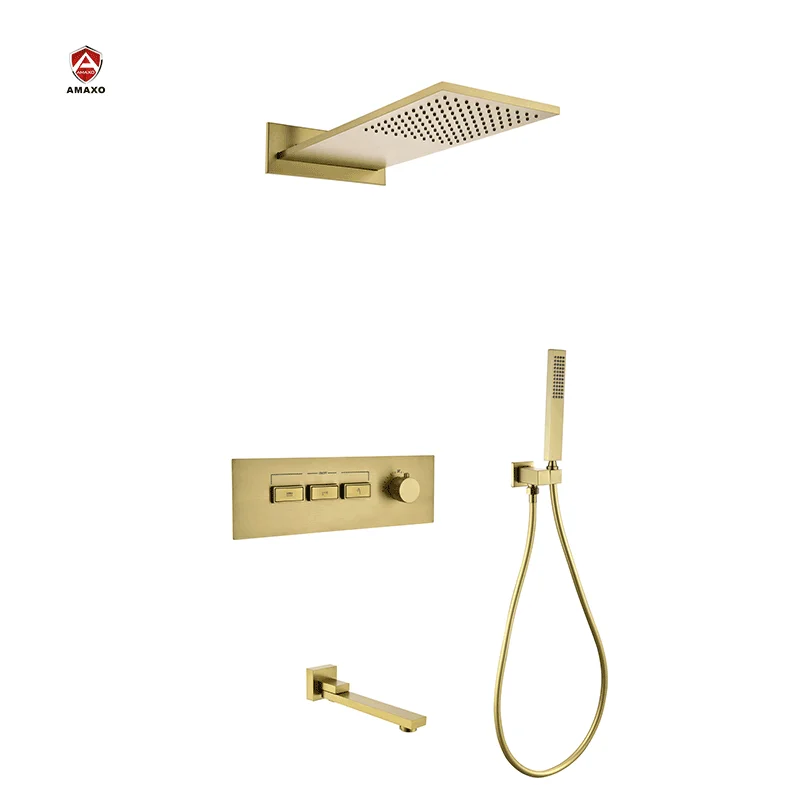 3 Function Concealed Wall Mounted Push Button Valve Brushed Gold Thermostatic Bath Bathtub Bathroom Shower Faucet Set System