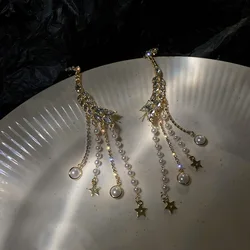 925 Silver Needle Diamond Pearl Tassel Ear Bone Clamp Retro Temperament Fashion Star Earrings