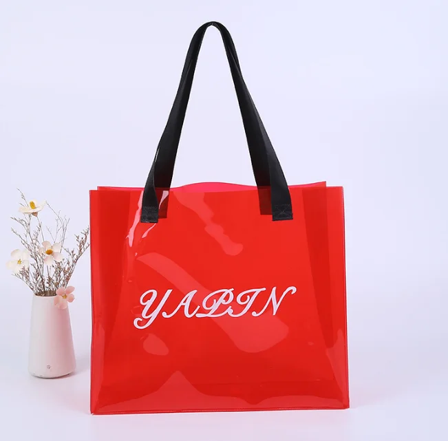 fashion Logo mini clear plastic PVC shopping bag outside tote holiday beach tote shoulder transparent bag with webbing handles
