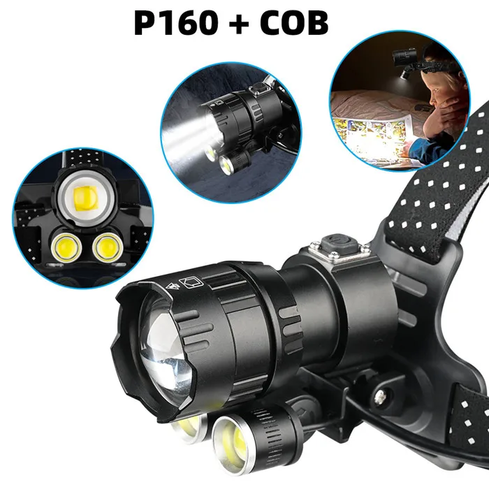 XHP160+COB Powerful Led Headlamp Rechargeable hunting LED Headlight Waterproof Zoomable Head Torch Flashlight with Power Bank