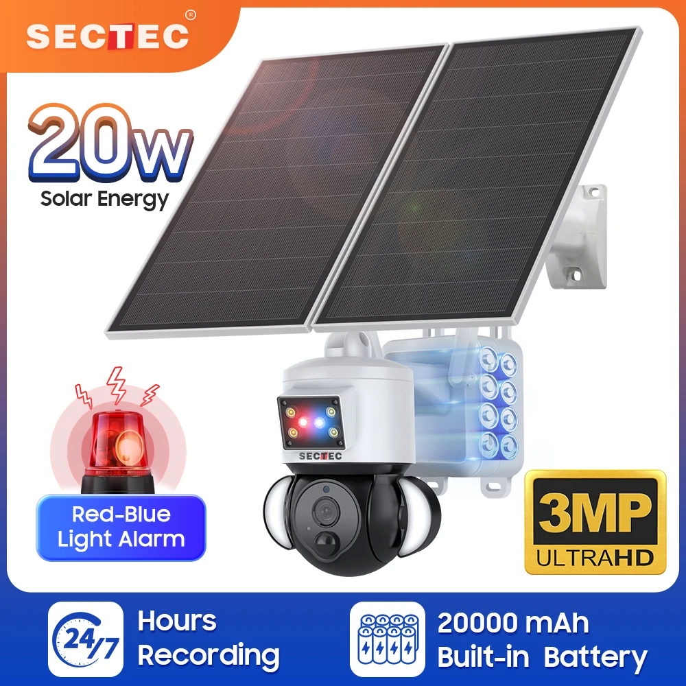 Sectec 20W Solar Panel 12X Zoom Dual Lens 6MP CCTV Camera Security Outdoor CCTV System Surveillance Products Wifi Solar Camera