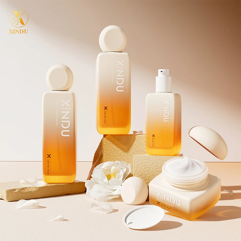 Oem Color Empty  Cosmetic Packaging Set Glass Lotion Jar Serum Pump Bottle Luxury Flat Square Skincare Packaging Set