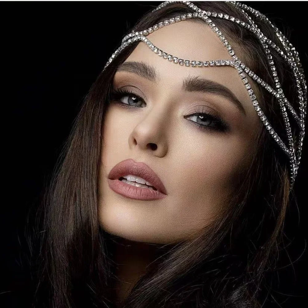 Wholesale Fashion Mesh Tiara Super Flash Rhinestone Brow Chain Bridal Wedding Hair Accessories