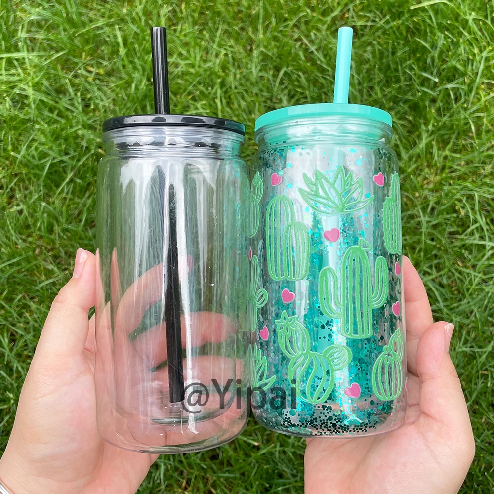 USA warehouse 12oz snow globe plastic beer can cups double wall plastic can for snow globe and UV DTF wraps with silicone plug