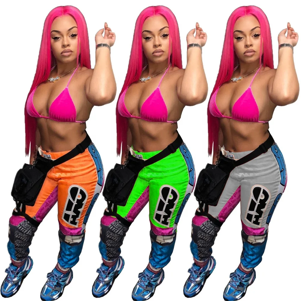 Fall Casual Long Color Block Letter Printed Loose Motorcycle Sweat Trousers Track Cargo Sweat pant Joggers Women Ladies Pants