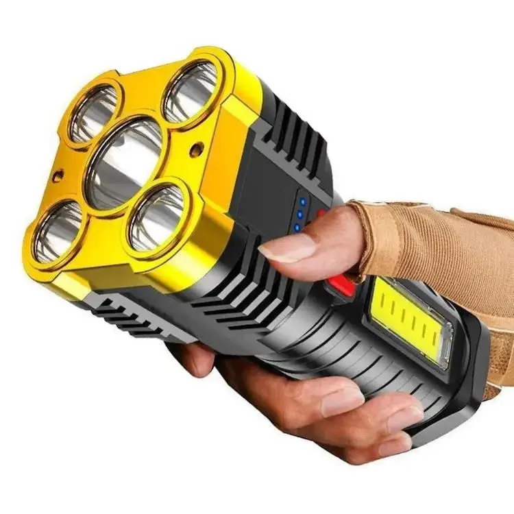 Super Bright 5 LED Flashlight with COB Side Light Spotlight Battery Display USB Charging Portable Torch Lighting Camping 50 PVC