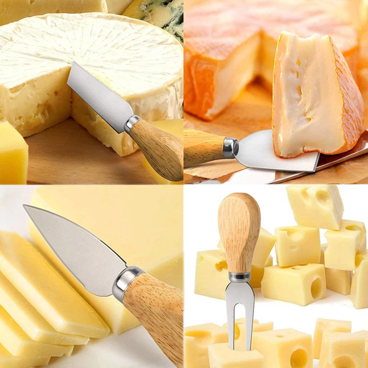 Top Selling Butter Pizza Cheese Tools Cutter Wood Bamboo Handle Stainless Steel Cheese Knife Set