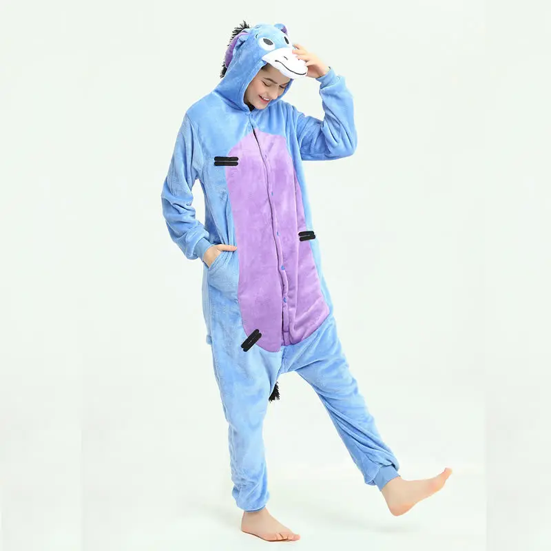 Women Cartoon Pijamas Femma Animal Kawaii Dinosaur Dot Cat Pajamas High Quality One-piece Flannel Printed Knitted Hooded Spandex