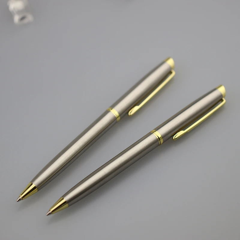 Luxury stainless steel metal body gold trim engraved logo twist ballpoint pen with gift box pen set stationery gift