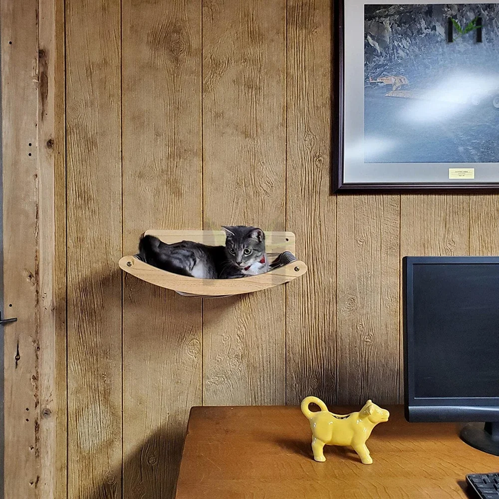 Kitty Beds and Perches Wall Hammock Wooden Cat Shelf for Sleeping, Playing, Climbing