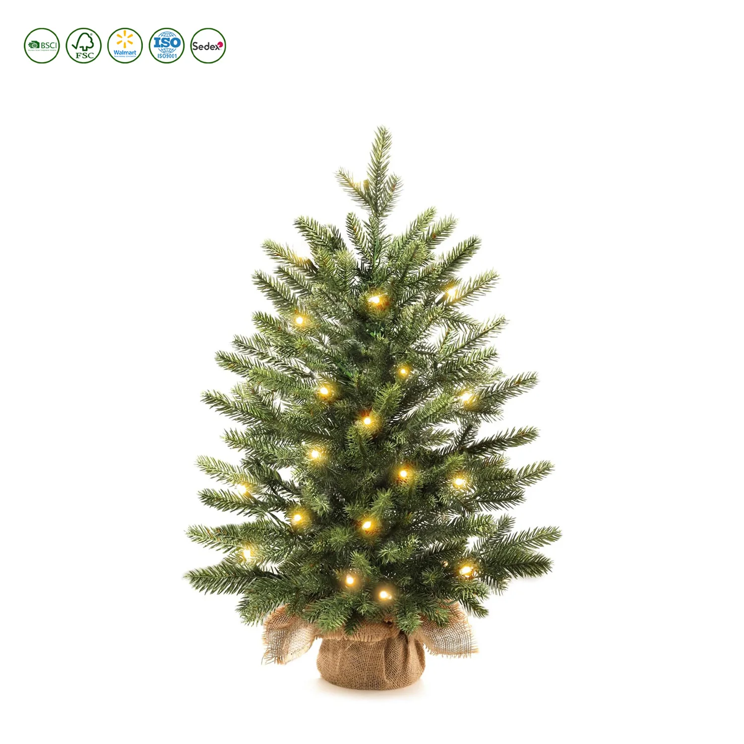 Mini Christmas Trees with 25 LED Lights 2 ft Decorated Burlap Artificial Tabletop Christmas Trees Home Party Decoration