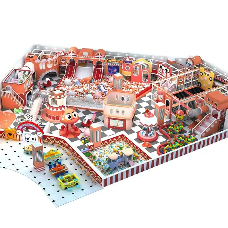 Build a large and fully decorated indoor playground game center for children and adults in the mall