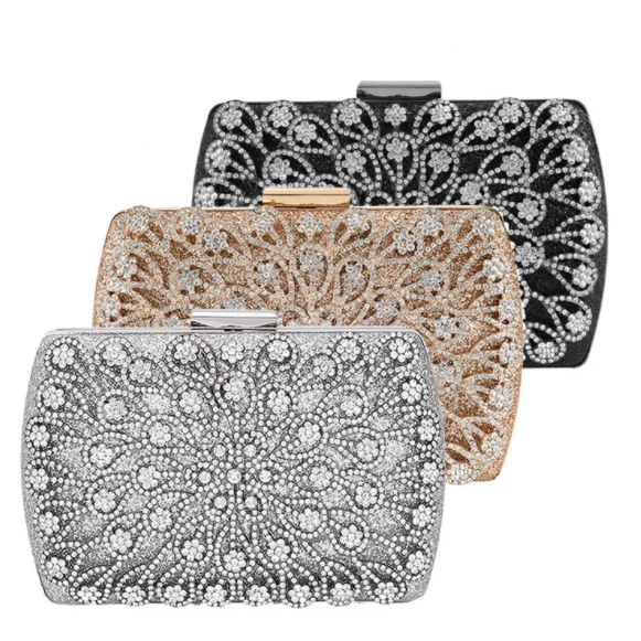 Wholesale evening clutch bags with crystal silver flower evening clutch women bags wedding shiny party bags