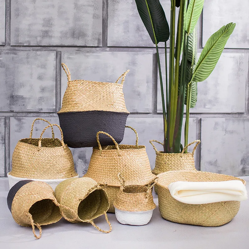 Hand laundry Seagrass Belly Storage Basket Seagrass Weaving Foldable Home Storage Bucket Toy Sundries Clothes Plants Basket