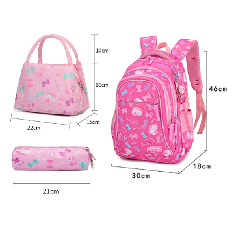 Custom 3Pcs  Set Pink Bow Print Girl cheap school bag Large Capacity Nylon Waterproof student backpack for Girl Set
