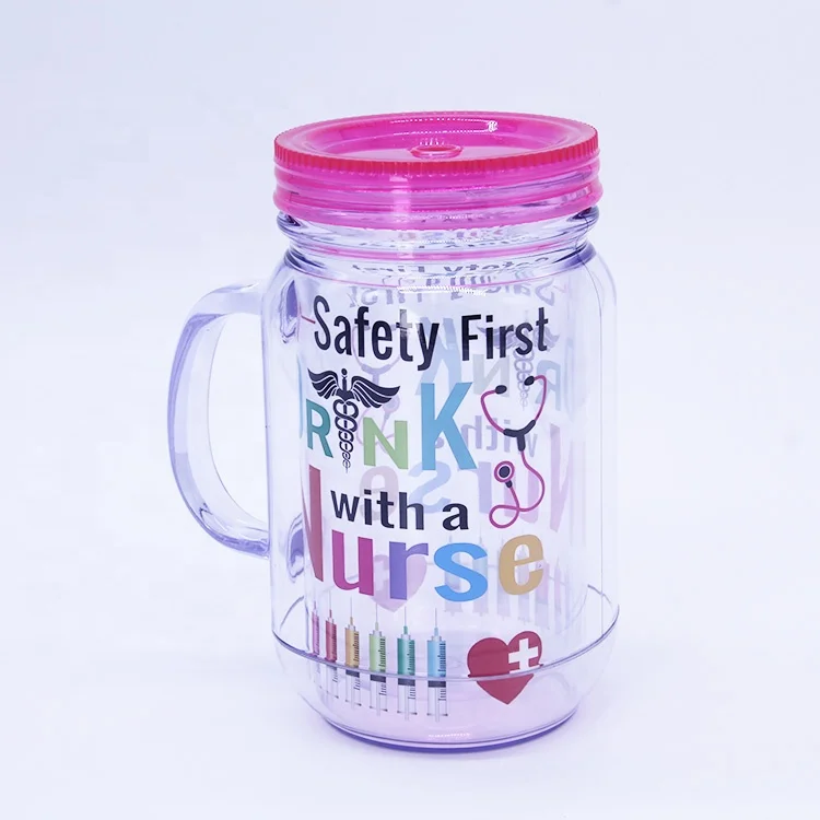 Wholesale Customized Plastic double wall snow globe 20oz plastic mason jar with handle and straw