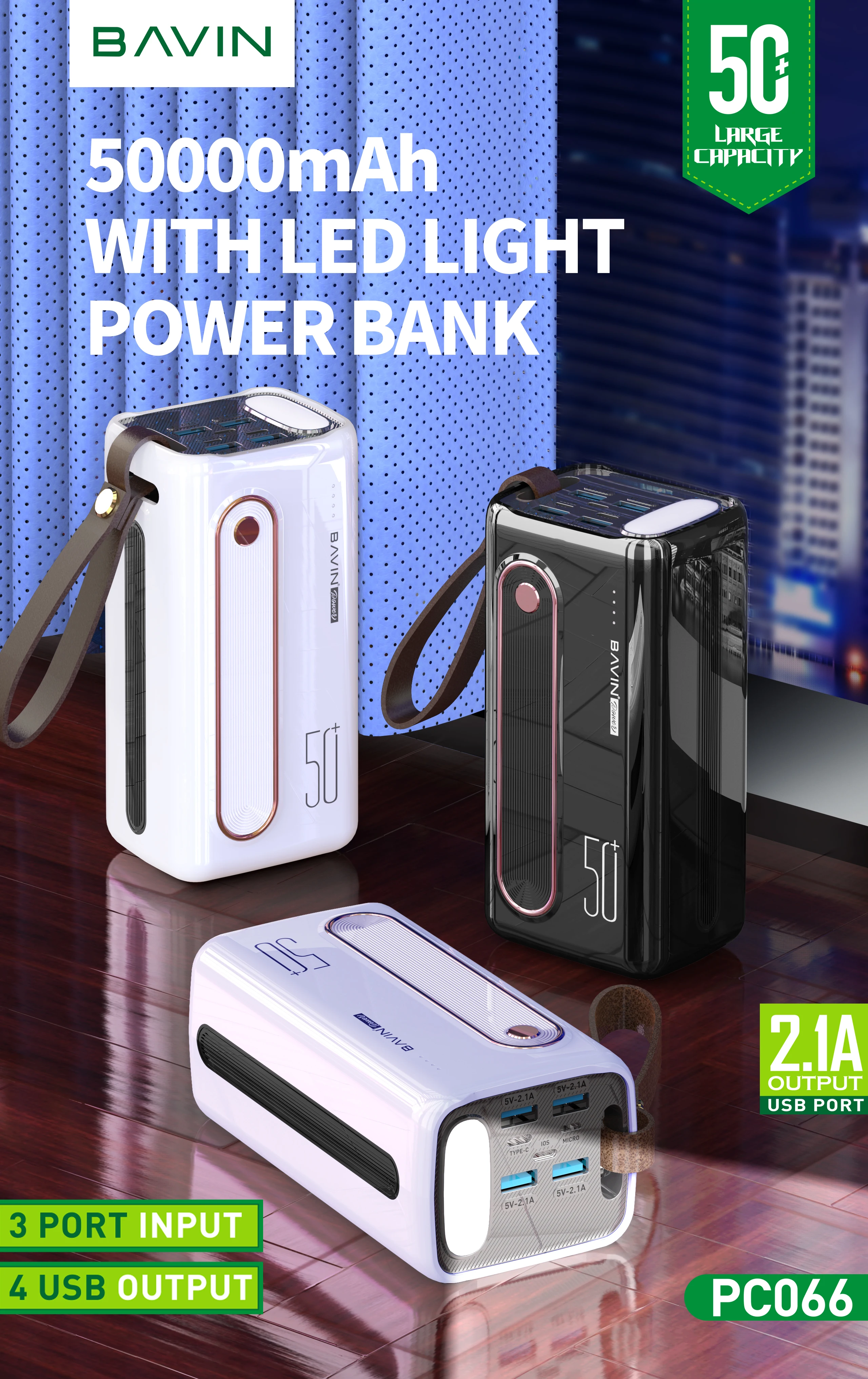 BAVIN PC066 50000mAh Fast Charging Type-C Micro IOS Input 4 Output LED Light Power Bank Large High Capacity 50000 mah Powerbank