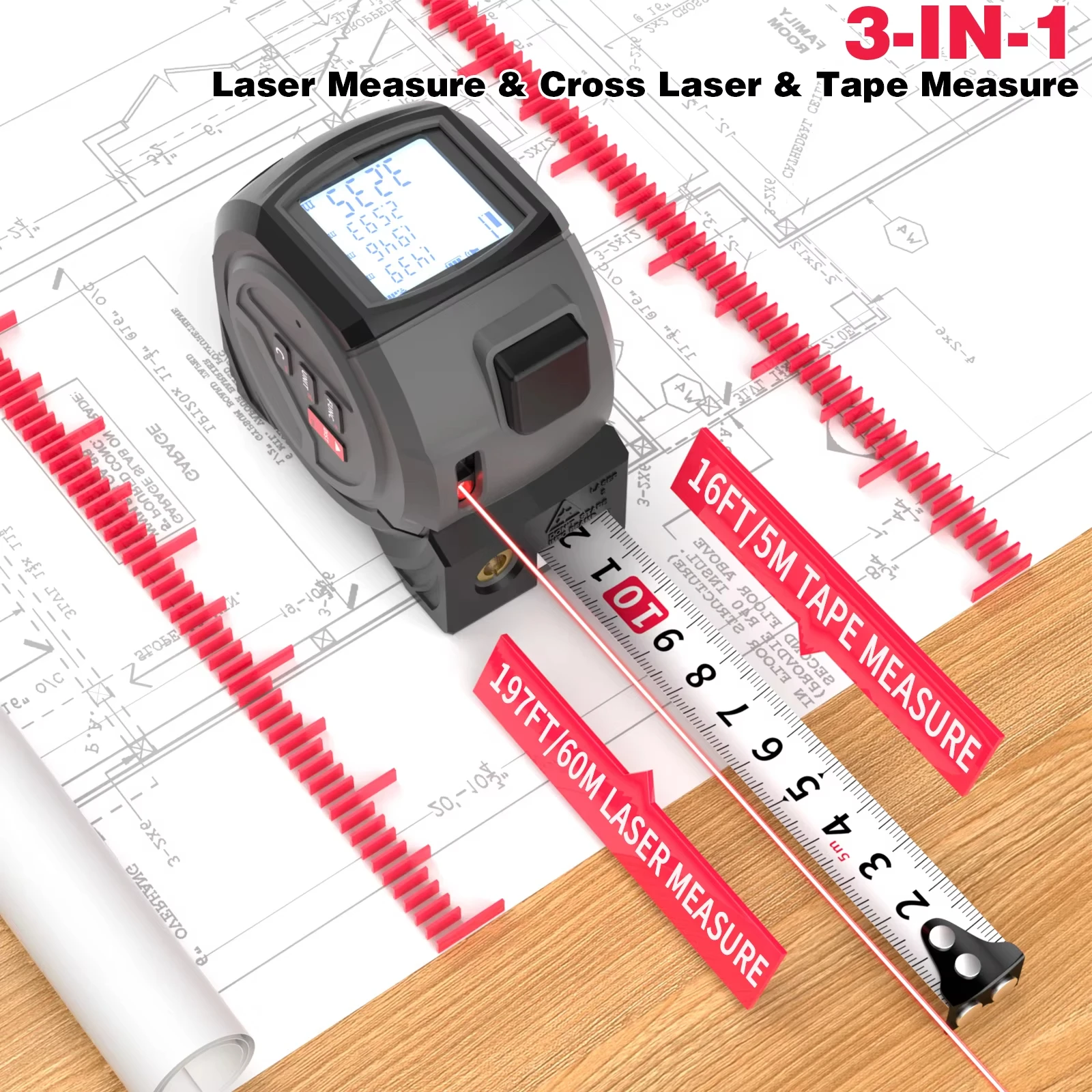 3 in 1 Digital Multifunctional Laser Distance Meters 60m Rechargeable Measurement Tool 5m Laser Tape Measure with LCD Display
