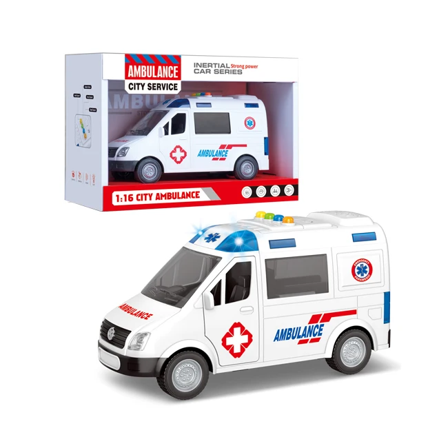 Mini plastic inertial friction escort car toy 1:16 scale music lights ambulance toys for kids
