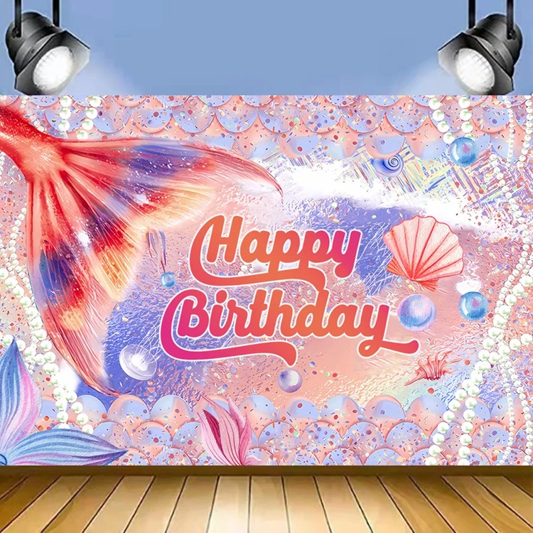 Hstyle Mermaid Backdrop Under The Sea Birthday Themed Photography Background for Girl Princess Birthday Party Cake Table Decors