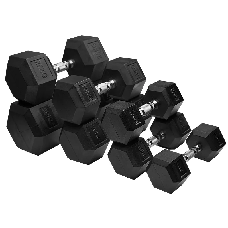 high quality fitness 5-100LB hex rubber dumbbell with steel core and handle dumbbell
