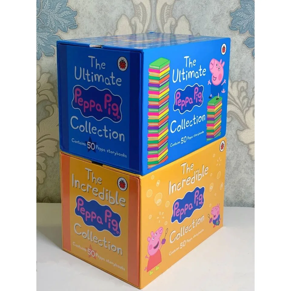 Whole 50 pcs/set High Quality Peppa Pig Books Blue and Yellow Gift Box Books for Children