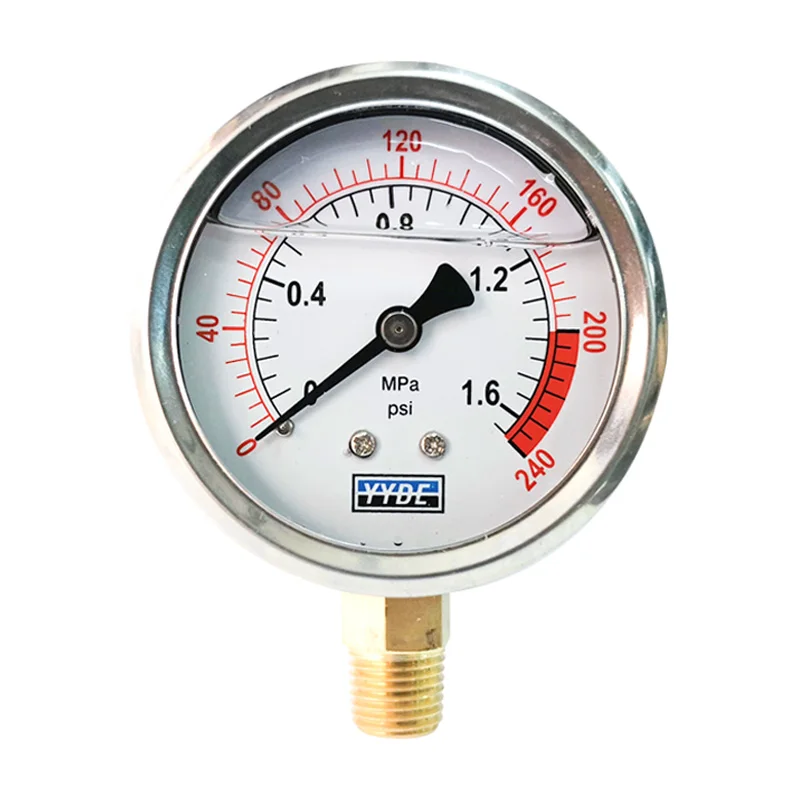 Stainless steel high Strength Water And Gas 60mm Oil Filling Pressure Gauge with Bottom Mount Hydraulic oil pressure gauge